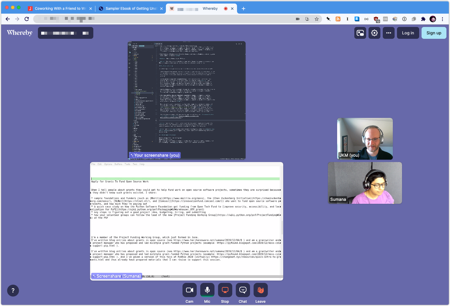 A screenshot of our Whereby session, with both our videos and text editors shared.