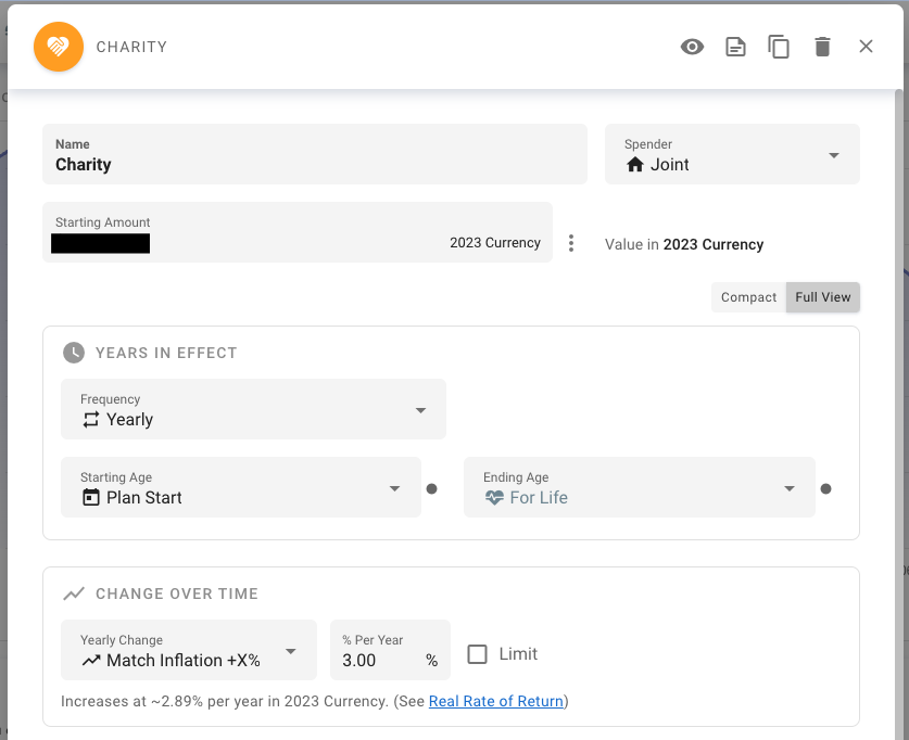 Projection lab screenshot showing the charity donation. there's a starting amount (redacted), repeating yearly, and increasing over time at inflation + 3%