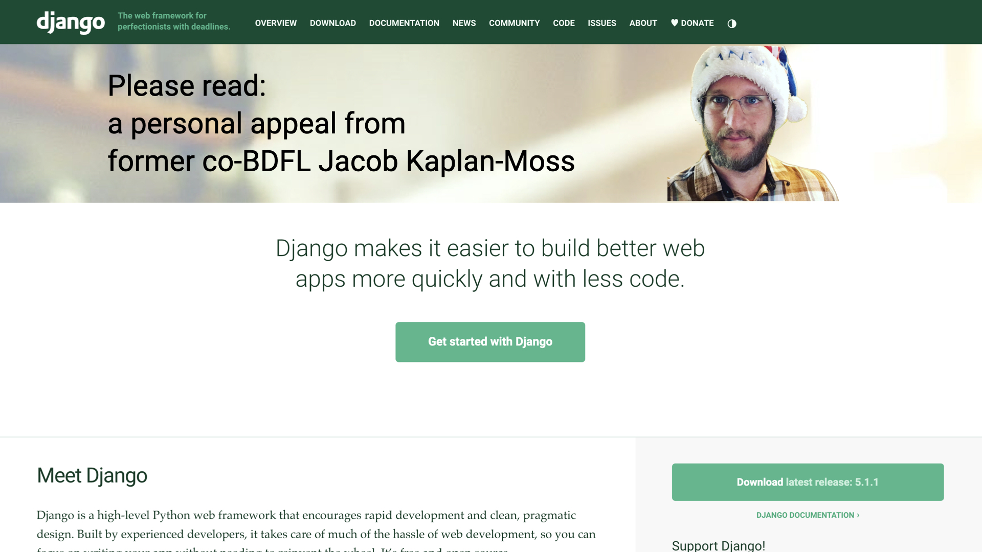 A screenshot of djangoproject.com with a banner ad featuring my face and reading, &quot;Please read: a personal appeal from 50 former co-BDFL Jacob Kaplan-Moss&quot;