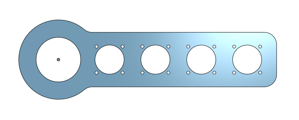 A model of a hose bracket. It's got 4 big holes for hoses, with 4 very small relief holes around the edges of each big hole.